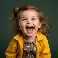 uma pequeno menina rindo enquanto vestindo uma amarelo Jaqueta generativo ai foto