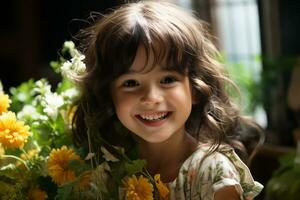 uma pequeno menina é sorridente enquanto segurando uma grupo do flores generativo ai foto