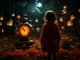 uma pequeno menina olhando às a velho relógio dentro a meio do uma campo generativo ai foto