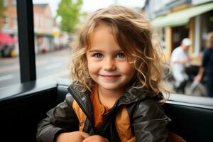 uma pequeno menina sentado em uma ônibus olhando às a Câmera generativo ai foto