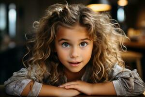 uma pequeno menina com encaracolado cabelo olhando acima às a Câmera generativo ai foto