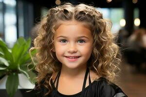 uma pequeno menina com encaracolado cabelo posando para a Câmera generativo ai foto