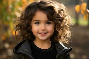 uma pequeno menina com encaracolado cabelo posando para a Câmera generativo ai foto