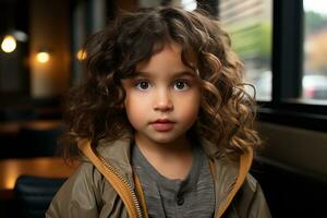 uma pequeno menina com encaracolado cabelo sentado às uma mesa generativo ai foto