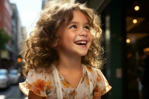 uma pequeno menina com encaracolado cabelo é em pé em uma rua generativo ai foto