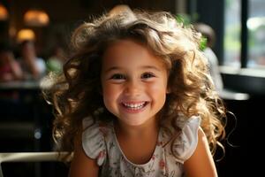 uma pequeno menina com encaracolado cabelo sorridente às a Câmera generativo ai foto