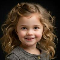 uma pequeno menina com encaracolado cabelo sorridente às a Câmera generativo ai foto