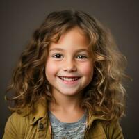 uma pequeno menina com encaracolado cabelo sorridente para a Câmera generativo ai foto