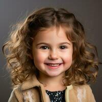 uma pequeno menina com encaracolado cabelo sorridente generativo ai foto