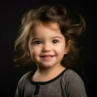 uma pequeno menina com dela cabelo sopro dentro a vento generativo ai foto