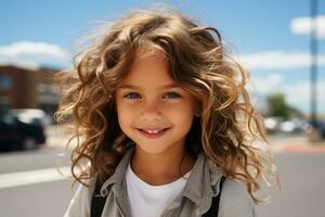 uma pequeno menina com encaracolado cabelo em pé em uma rua generativo ai foto