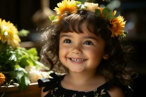 uma pequeno menina com flores dentro dela cabelo generativo ai foto