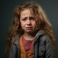 uma pequeno menina com grandes encaracolado cabelo é chorando generativo ai foto