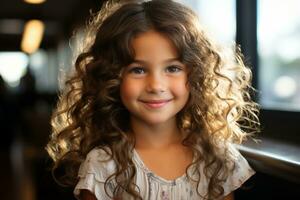 uma pequeno menina com grandes encaracolado cabelo posando para a Câmera generativo ai foto