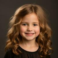 uma pequeno menina com grandes encaracolado cabelo sorridente para a Câmera generativo ai foto