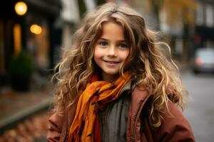 uma pequeno menina com grandes encaracolado cabelo em pé em a rua generativo ai foto