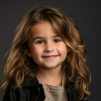 uma pequeno menina com grandes cabelo vestindo uma couro Jaqueta generativo ai foto
