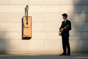 uma homem dentro uma terno segurando uma guitarra dentro frente do uma parede generativo ai foto