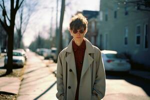 uma homem dentro uma trincheira casaco e oculos de sol em pé em uma rua generativo ai foto