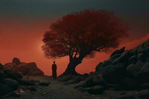 uma homem em pé dentro frente do uma vermelho árvore generativo ai foto