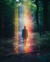 uma homem em pé dentro a meio do uma floresta com uma arco Iris trilha atrás ele generativo ai foto