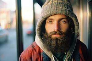 uma homem com uma barba e uma encapuzado Jaqueta generativo ai foto