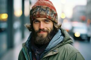 uma homem com uma barba e uma inverno chapéu generativo ai foto