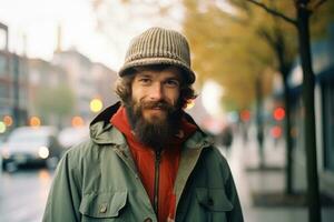 uma homem com uma barba e chapéu em pé em uma cidade rua generativo ai foto