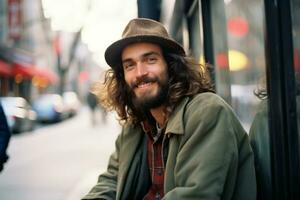 uma homem com grandes cabelo e uma chapéu sentado em uma calçada generativo ai foto