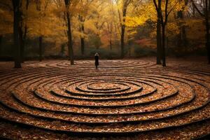 uma pessoa é em pé dentro a meio do uma espiral Labirinto generativo ai foto