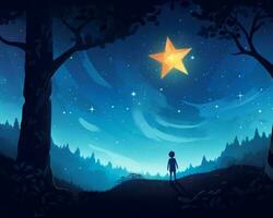 uma pessoa em pé dentro a meio do uma floresta às noite com uma Estrela dentro a céu generativo ai foto