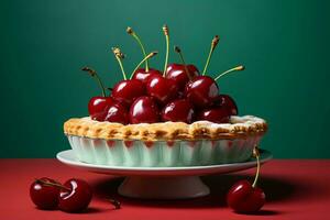 uma torta com cerejas sentado em topo do uma branco prato generativo ai foto