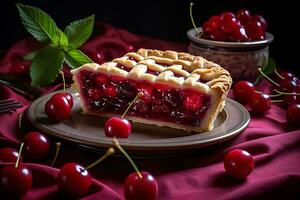 uma peça do torta em uma prato com cerejas generativo ai foto