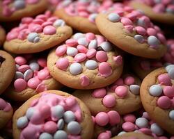 uma pilha do biscoitos com Rosa e branco granulados generativo ai foto