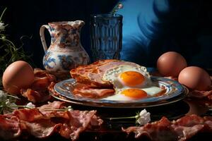uma prato do bacon e ovos em uma mesa generativo ai foto