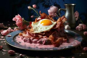 uma prato com bacon e a ovo em isto generativo ai foto