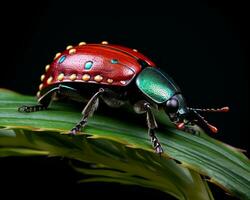 uma vermelho e verde besouro sentado em topo do uma verde folha generativo ai foto