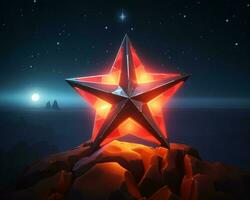 uma vermelho Estrela em topo do uma montanha às noite generativo ai foto