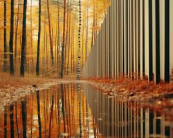 uma reflexão dentro uma poça dentro a meio do uma floresta generativo ai foto