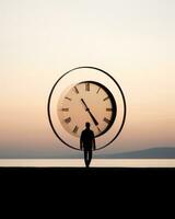 uma silhueta do uma homem em pé dentro frente do uma relógio generativo ai foto