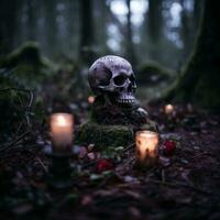 uma crânio sentado em uma musgo coberto terra cercado de velas generativo ai foto