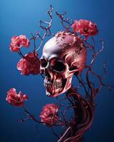 uma crânio com vermelho flores em uma azul fundo generativo ai foto