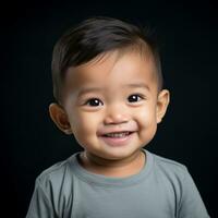 uma sorridente bebê Garoto dentro uma cinzento t - camisa em uma Preto fundo generativo ai foto