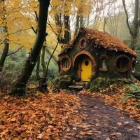 uma pequeno amarelo casa dentro a madeiras com folhas em a terra generativo ai foto