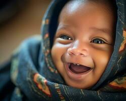 uma sorridente bebê vestindo uma cobertor generativo ai foto