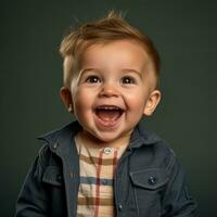 uma sorridente criança pequena dentro uma azul camisa e xadrez camisa generativo ai foto