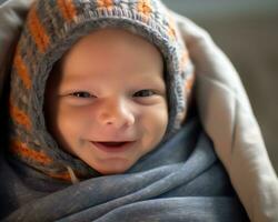 uma sorridente bebê embrulhado dentro uma cobertor generativo ai foto