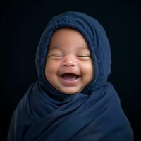 uma sorridente bebê embrulhado dentro uma azul xaile generativo ai foto