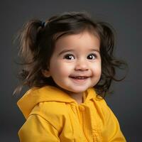 uma sorridente pequeno menina dentro uma amarelo Jaqueta generativo ai foto