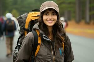 uma sorridente mulher com uma mochila em dela costas generativo ai foto